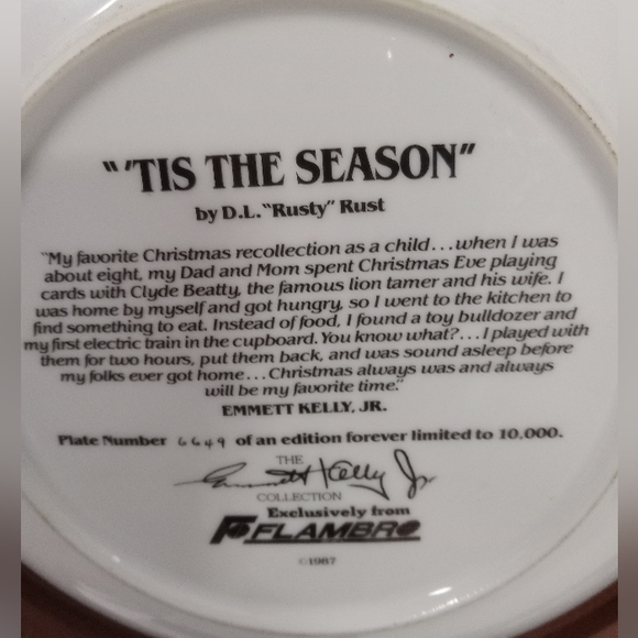 Vintage Wood Framed  "T'is The Season" Emmett Kelly Jr. Plate by Rusty Signed - Picture 7 of 8
